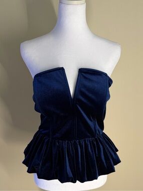 Forever 21 Navy Blue Strapless Velvet Peplum Bustier Top